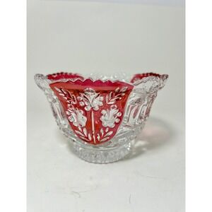 Vintage Ruby Flash Stained‎ EAPG Pressed Glass Bowl Floral Etched Scalloped Edge